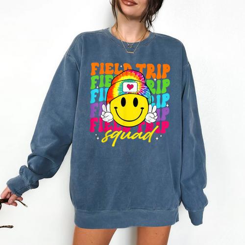 Field Trip Squad Groovy Field Day Smile Face Teacher Tie Dye Comfort Colors Sweatshirt - teacherstshirts.com