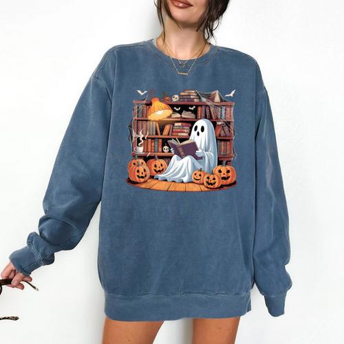 Ghost Book Reading Halloween Books Lover Teacher Comfort Colors Sweatshirt - teacherstshirts.com AU