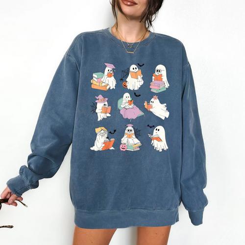 Ghost Book Reading Halloween Books Lover Teacher Kids Comfort Colors Sweatshirt - teacherstshirts.com