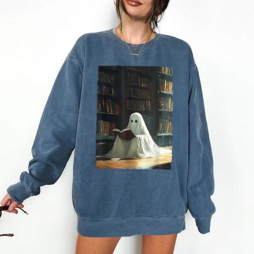 Ghost Library Halloween Book Reading Books Lover Teacher Comfort Colors Sweatshirt - teacherstshirts.com AU