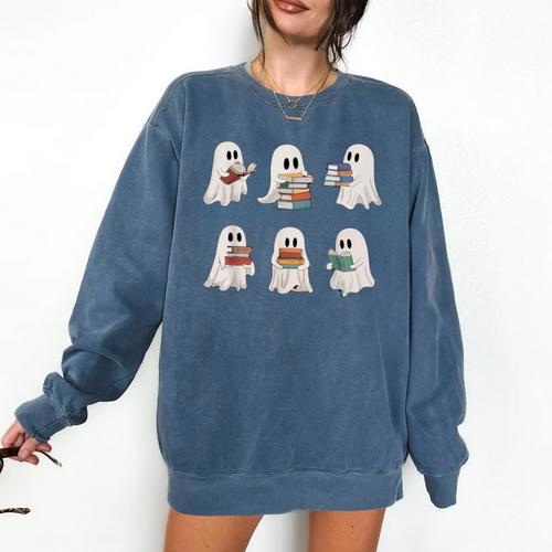 Ghost Reading Books Teacher Halloween Librarian Cute Boook Comfort Colors Sweatshirt - teacherstshirts.com AU
