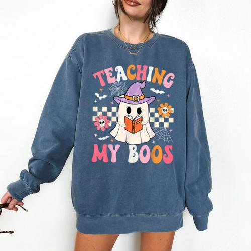 Groovy Teaching My Boos Teacher Ghost Halloween Teacher Comfort Colors Sweatshirt - teacherstshirts.com
