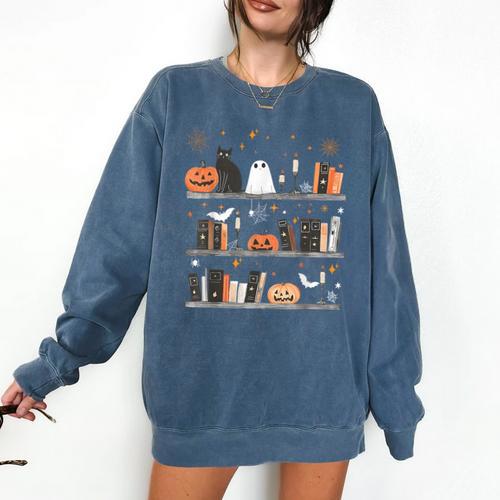 Halloween Library Ghost Books Teacher Spooky Trick Or Teach Comfort Colors Sweatshirt - teacherstshirts.com AU