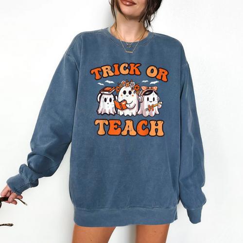 Halloween Teacher Ghosts Trick Or Teach Retro Costume Women Comfort Colors Sweatshirt - teacherstshirts.com CA
