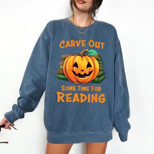 Halloween Teacher Librarian Pumpkin Reading Books Men Women Kids Comfort Colors Sweatshirt - teacherstshirts.com AU