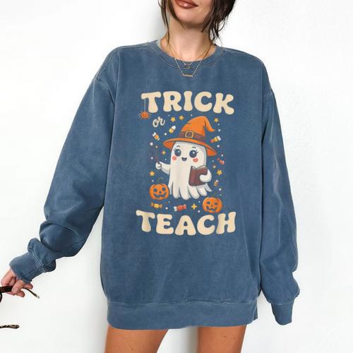 Halloween Teacher Shirts Women School Trick Or Teach Groovy Comfort Colors Sweatshirt - teacherstshirts.com DE