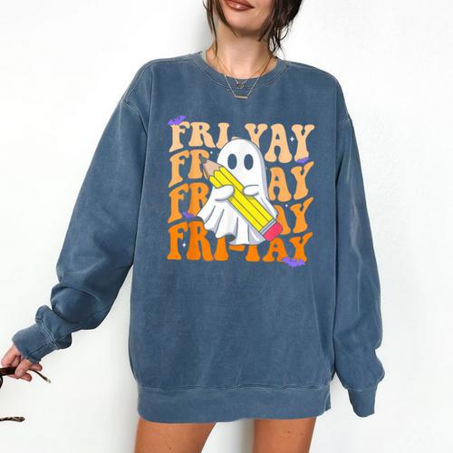 Happy Fri-Yay Friday Lovers Groovy Teacher Life Halloween Comfort Colors Sweatshirt - teacherstshirts.com UK