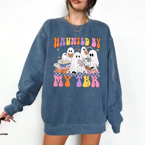 Haunted By My TBR Cute Ghosts Book Reading Teacher Halloween Comfort Colors Sweatshirt - teacherstshirts.com DE