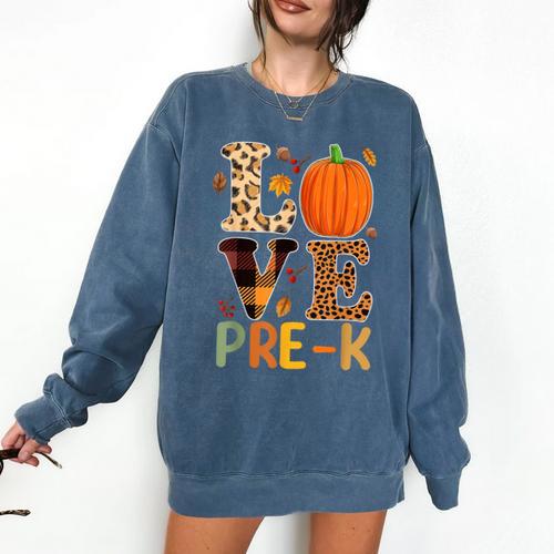 Love Pre-k Teacher Shirts Autumn Fall Pumpkin Fall Leopard Comfort Colors Sweatshirt - teacherstshirts.com CA