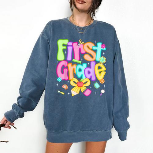 Preppy First Grade Back To School 1st Grade Teacher Girl Kid Comfort Colors Sweatshirt - teacherstshirts.com AU