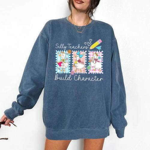 Preppy Silly Teacher Goose Build Character Back To School Comfort Colors Sweatshirt - teacherstshirts.com CA