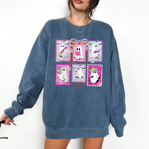 Preppy Spooky Teacher Halloween Ghost Coquette Bow Autumn Comfort Colors Sweatshirt - teacherstshirts.com