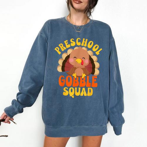 Preschool Gobble Squad Cute Turkey Thanksgiving Teacher Comfort Colors Sweatshirt - teacherstshirts.com AU