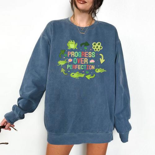 Progress Over Perfection Frog Back To School Teacher Comfort Colors Sweatshirt - teacherstshirts.com CA