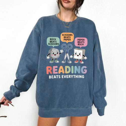 Reading Beats Everything Teacher Rock Paper Scissors Comfort Colors Sweatshirt - teacherstshirts.com AU