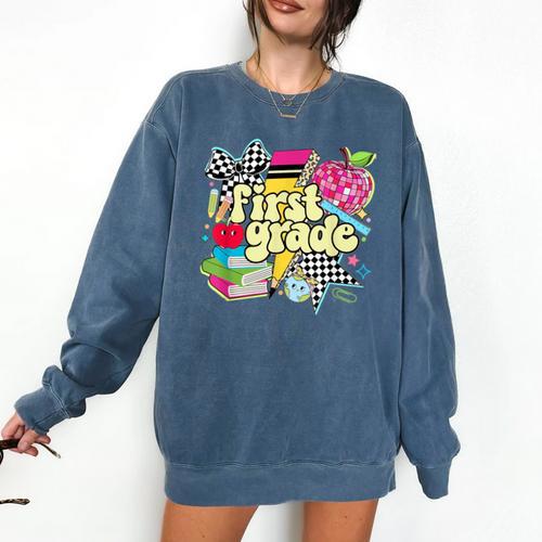 Retro First Grade Teacher Disco Ball Coquette Back To School Comfort Colors Sweatshirt - teacherstshirts.com