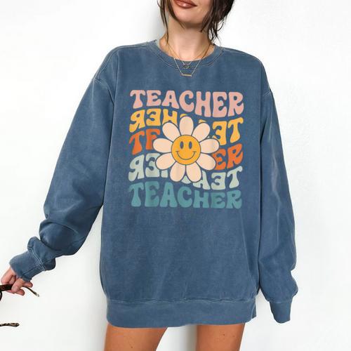 Retro Teacher Daisy Colorful Elementary School Teacher Comfort Colors Sweatshirt - teacherstshirts.com AU