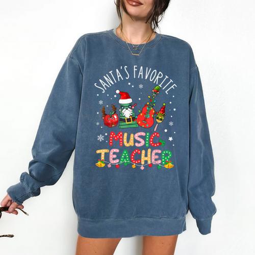 Santa's Favorite Music Teacher Christmas Santa Hat Matching Comfort Colors Sweatshirt - teacherstshirts.com UK