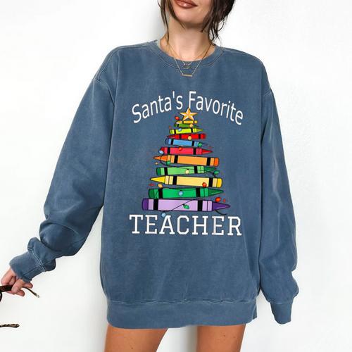 Santa's Favorite Teacher Idea For Christmas Teachers Comfort Colors Sweatshirt - teacherstshirts.com DE