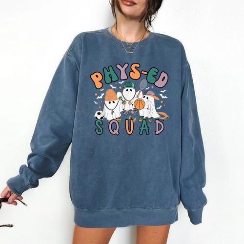 Spooky Ghost PE Teacher Squad Physical Education Halloween Comfort Colors Sweatshirt - teacherstshirts.com