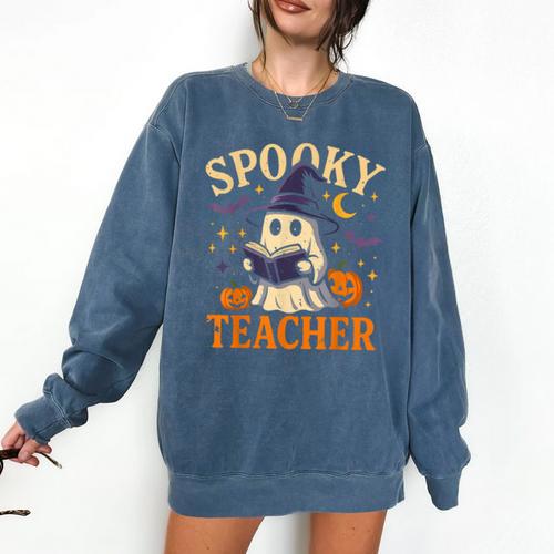 Spooky Teacher Halloween Cute Ghost Pumpkin Reading Women Comfort Colors Sweatshirt - teacherstshirts.com CA