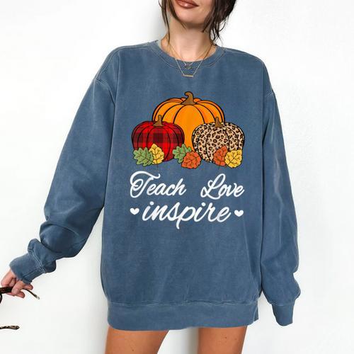Teach Love Inspire Autumn Fall Plaid Leopard Pumpkin Teacher For Men Women Kids Comfort Colors Sweatshirt - teacherstshirts.com UK