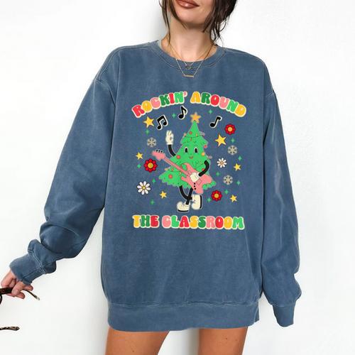 Teacher Christmas Shirts Pajama Matching Rockin' Around The Classroom -Adult Short Sleeve Small Modern Festive Christmas Teacher Xmas Vibes T-Shirt Comfort Colors Sweatshirt - teacherstshirts.com UK