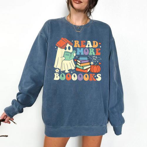 Teacher Halloween Cute Booooks Ghost Read More Books Comfort Colors Sweatshirt - teacherstshirts.com AU