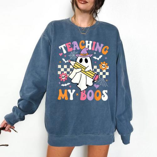 Teaching My Boos Ghost Teacher Cute Groovy Halloween Teacher Comfort Colors Sweatshirt - teacherstshirts.com AU