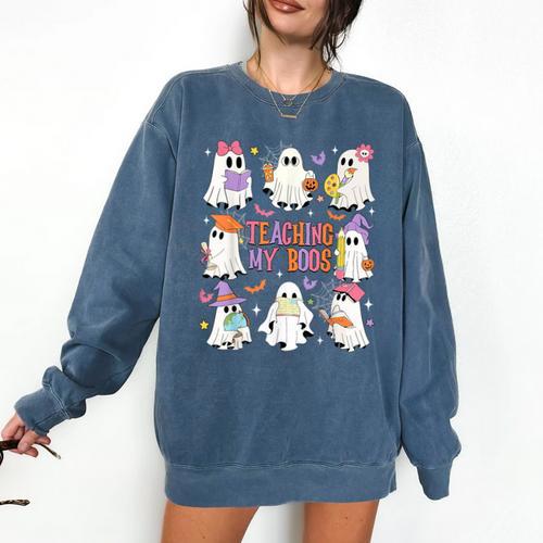 Teaching My Boos Teacher Cute Ghost Groovy Teacher Halloween Comfort Colors Sweatshirt - teacherstshirts.com AU