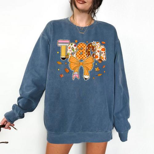 Thanksgiving Teacher Pencil Bow One Thankful Teacher Fall Comfort Colors Sweatshirt - teacherstshirts.com AU