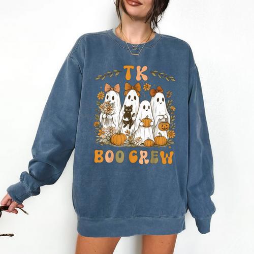 TK Boo Crew Preppy Halloween Floral Ghost TK Teacher Team TK Comfort Colors Sweatshirt - teacherstshirts.com