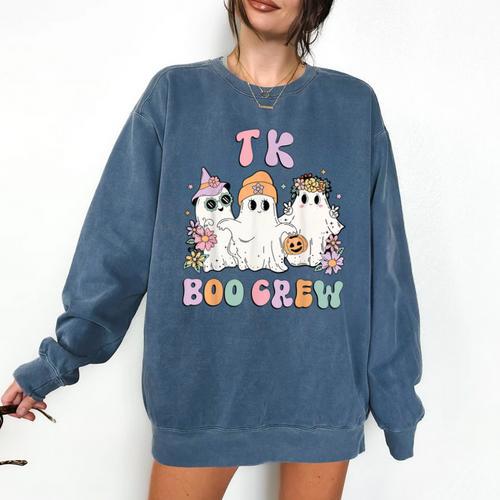 TK Boo Crew Retro Groovy Halloween Floral Ghost TK Teacher Comfort Colors Sweatshirt - teacherstshirts.com CA