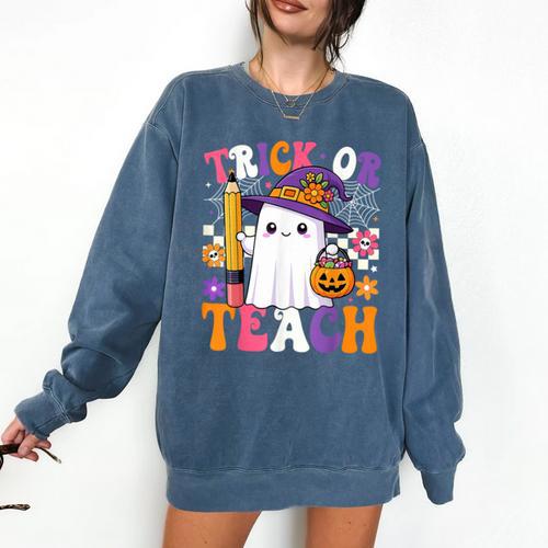 Trick Or Teach Teacher Pencil Ghost Halloween Teacher Comfort Colors Sweatshirt - teacherstshirts.com