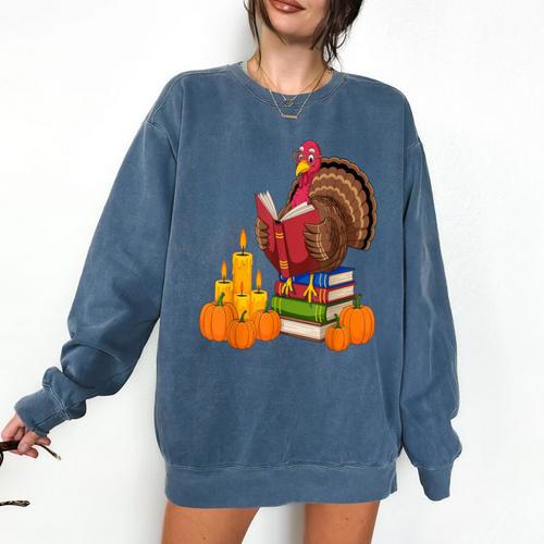 Turkey Reading Books Fall Thanksgiving Teacher Book Comfort Colors Sweatshirt - teacherstshirts.com AU