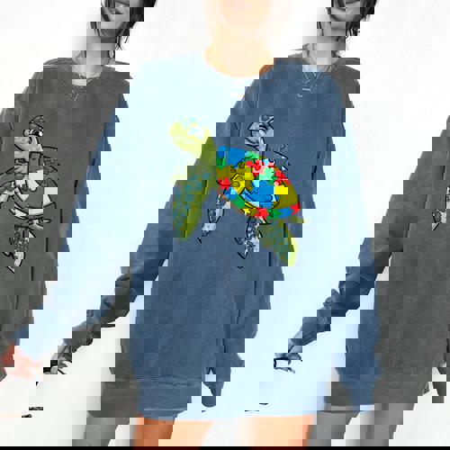 Turtle Puzzle Pieces For Autism Awareness Kids Women Teacher Comfort Colors Sweatshirt - teacherstshirts.com