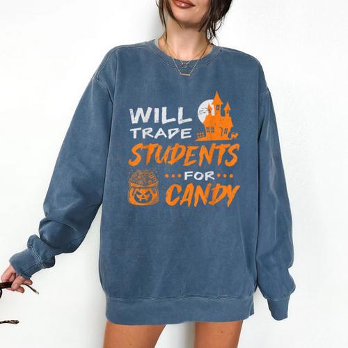 Will Trade Students For Candy Halloween Costume Teacher Comfort Colors Sweatshirt - teacherstshirts.com AU
