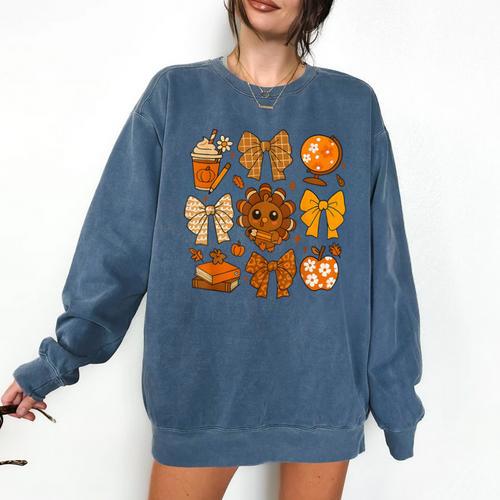 Coquette Teach Teacher Bows Thanksgiving Turkey Fall Autumn Comfort Colors Sweatshirt - teacherstshirts.com CA