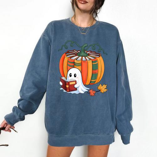 Fall Book Pumpkin Books Ghost Reading Halloween Teacher Comfort Colors Sweatshirt - teacherstshirts.com AU