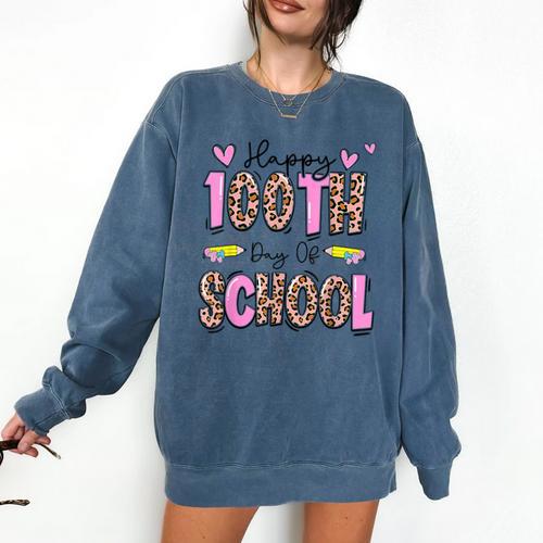 Happy 100th Day Of School Leopard Print Teacher Student Kids Comfort Colors Sweatshirt - teacherstshirts.com AU
