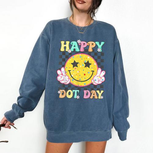 Happy Dot Day Hippie Flowers Smile Face Groovy Teacher Kids Comfort Colors Sweatshirt - teacherstshirts.com DE