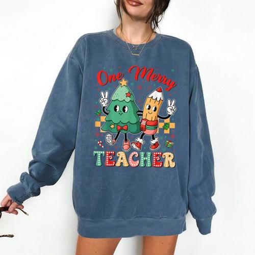 One Merry Teacher Groovy Christmas Tree Pjs Xmas Teacher Comfort Colors Sweatshirt - teacherstshirts.com AU