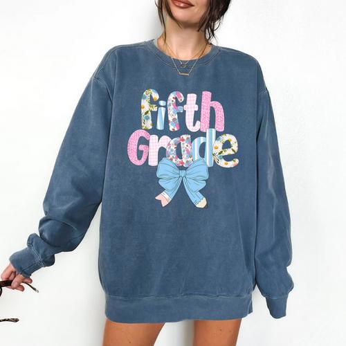 Preppy Fifth Grade Teacher Blue Floral Coquette Pencil Bow Comfort Colors Sweatshirt - teacherstshirts.com CA