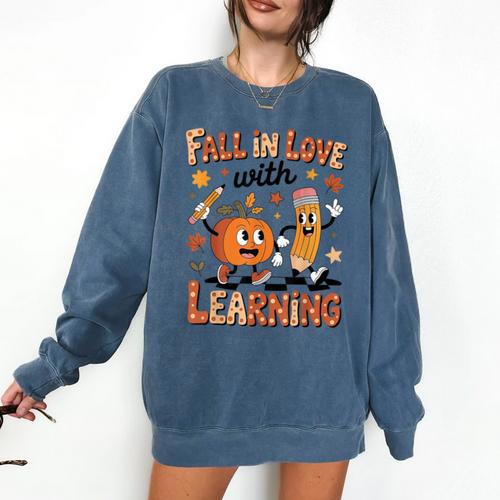 Retro Fall In Love With Learning Autumn Pumpkin Teacher Kids Comfort Colors Sweatshirt - teacherstshirts.com