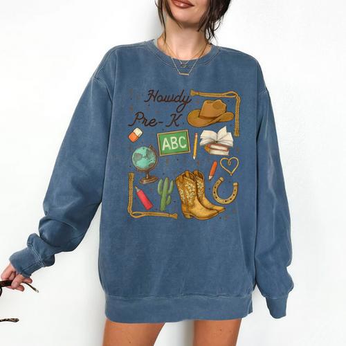 Retro Howdy Pre-K Back To School Western Teacher Comfort Colors Sweatshirt - teacherstshirts.com AU