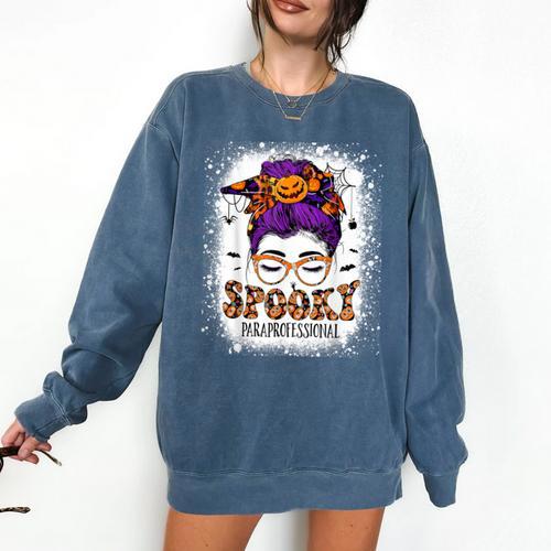 Spooky Paraprofessional Life Halloween Messy Bun Teacher For Men Women Comfort Colors Sweatshirt - teacherstshirts.com DE