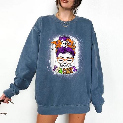 Witchy Teacher Halloween Messy Bun Teacher Bleached Comfort Colors Sweatshirt - teacherstshirts.com DE