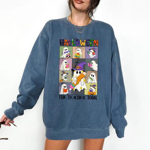 Women Halloween The Teacher Tour Ghosts Pencil Pumpkins Comfort Colors Sweatshirt - teacherstshirts.com DE