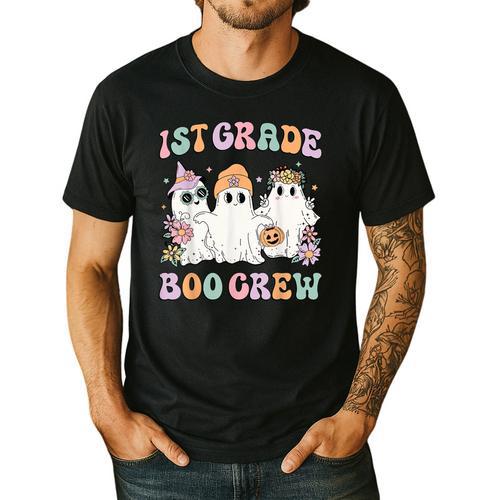 1st Grade Boo Crew Groovy Halloween Floral Ghost Kid Teacher Men's Casual T-Shirt - teacherstshirts.com CA