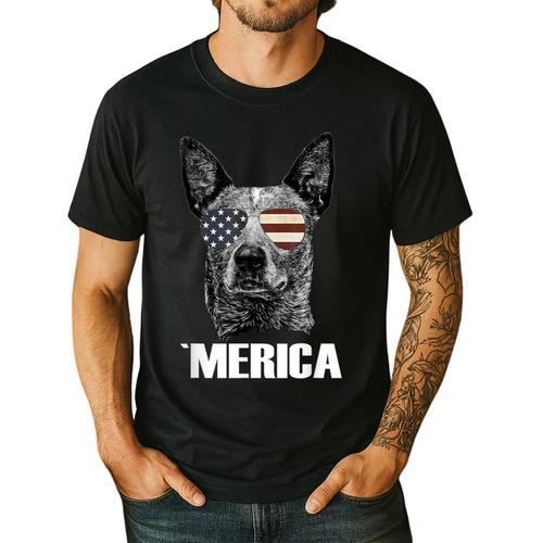 4th July Blue Heeler Dog Merica Patriotic USA Flag Cute Men's Casual T-Shirt - Bostonterriersmerch.com